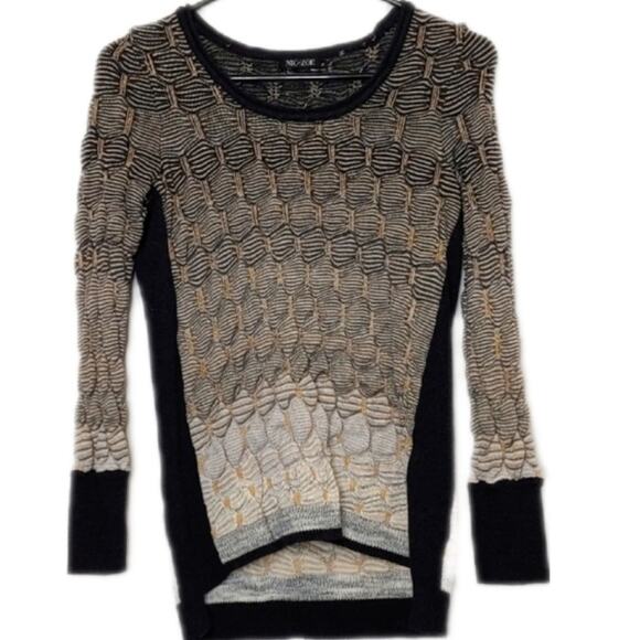 Nic+Zoe Cream/Brown/Black Textured Long Sleeve Scoop Neck Top - Medium - Picture 1 of 7